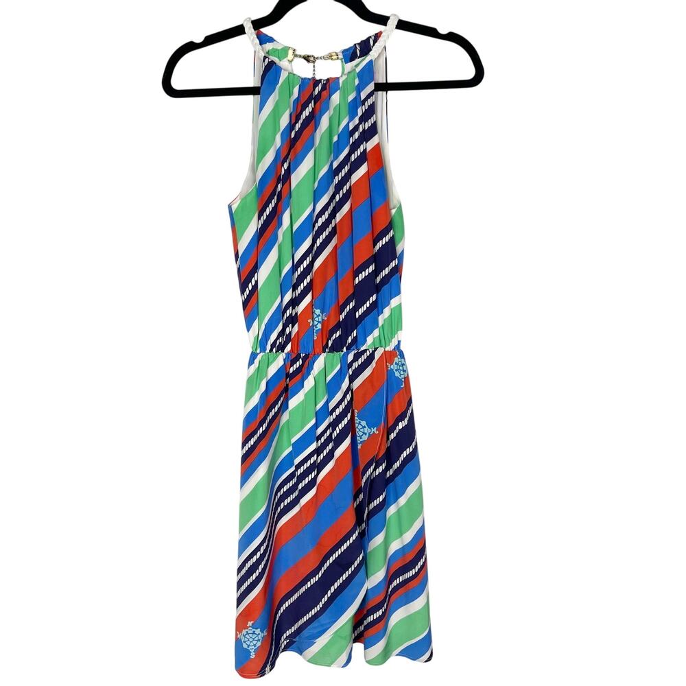Lilly Pulitzer XS Kennett Dress Multi Overboard Stripe Red Blue Green Keyhole